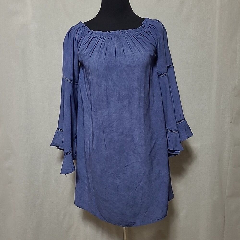 Oddy Off the Shoulder Mini Dress Womens Size Small Chambray Flare Sleeve Boho